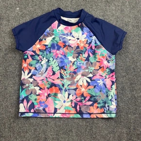 ATHLETA GIRL Mock Neck Rashguard Short Sleeve Blue Floral Swim Shirt size: Large - Picture 1 of 6